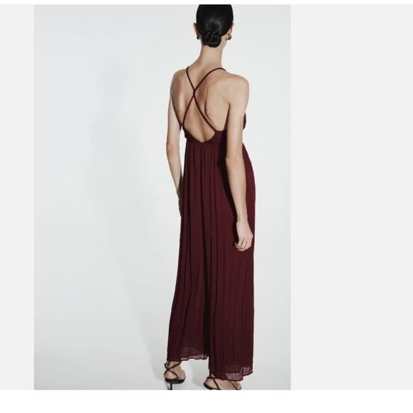 NWT ZARA LONG CROSSED BACK JUMPSUIT Chiffon Fabric Small Bloggers Fave Burgundy - Picture 6 of 13